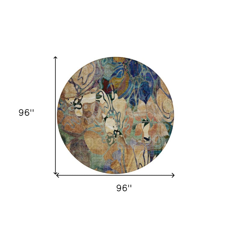 HomeRoots 8 Foot Round Washable Area Rug Abstract Floral Beige Blue Indoor Outdoor Use 563012