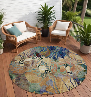 Homeroots 8' X 8' Beige And Blue Round Abstract Washable Indoor Outdoor Area Rug Beige Polyester 563012