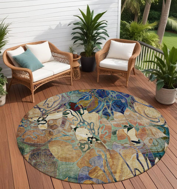 Homeroots 8' X 8' Beige And Blue Round Abstract Washable Indoor Outdoor Area Rug Beige Polyester 563012