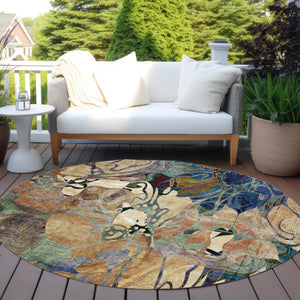 Homeroots 8' X 8' Beige And Blue Round Abstract Washable Indoor Outdoor Area Rug Beige Polyester 563012