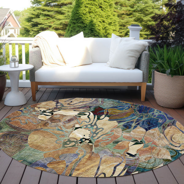 Homeroots 8' X 8' Beige And Blue Round Abstract Washable Indoor Outdoor Area Rug Beige Polyester 563012