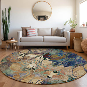Homeroots 8' X 8' Beige And Blue Round Abstract Washable Indoor Outdoor Area Rug Beige Polyester 563012