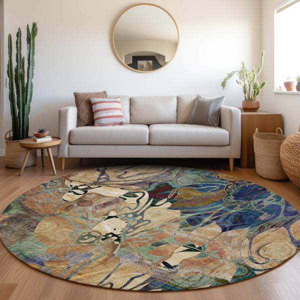 Homeroots 8' X 8' Beige And Blue Round Abstract Washable Indoor Outdoor Area Rug Beige Polyester 563012