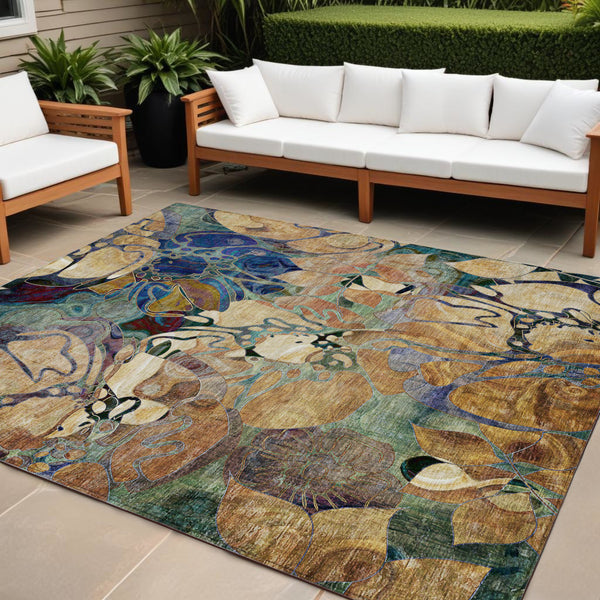 Homeroots 9' X 12' Beige And Blue Abstract Washable Indoor Outdoor Area Rug Beige Polyester 563014