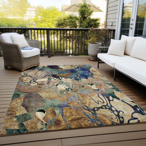 Homeroots 9' X 12' Beige And Blue Abstract Washable Indoor Outdoor Area Rug Beige Polyester 563014