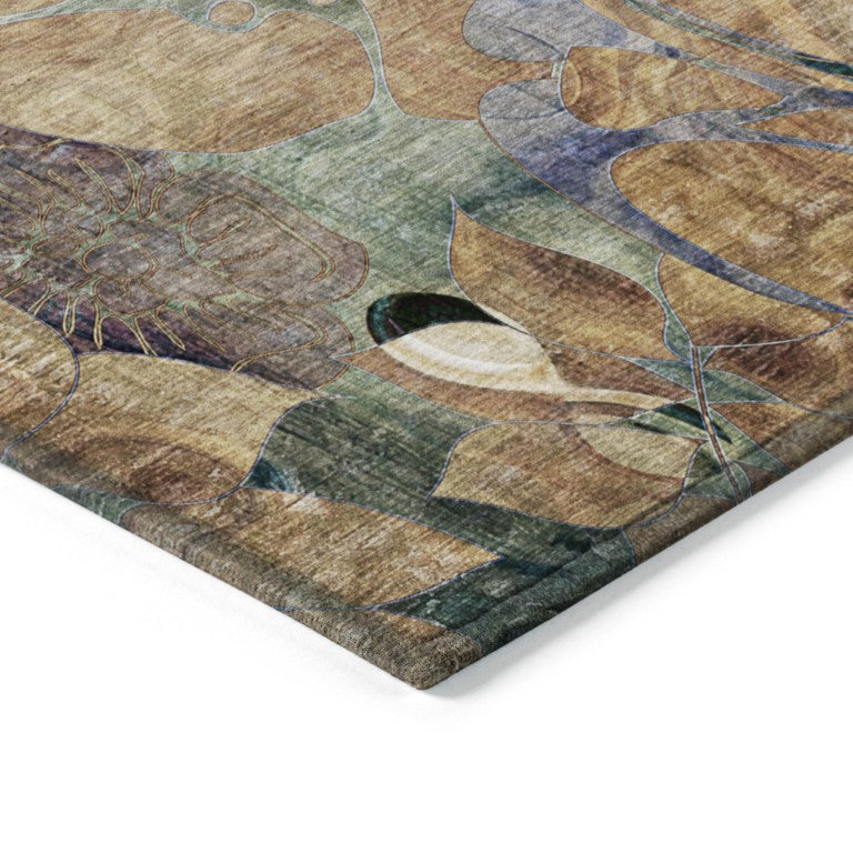 Abstract Floral Polyester Area Rug Washable Uv Resistant for Indoor Outdoor Use Beige Blue