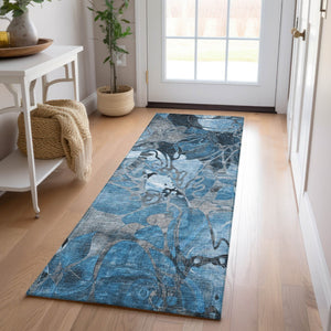 Homeroots 2' Abstract Washable Indoor Outdoor Runner Rug – Stylish Artistry For Your Living Space And More! Blue Polyester 563017