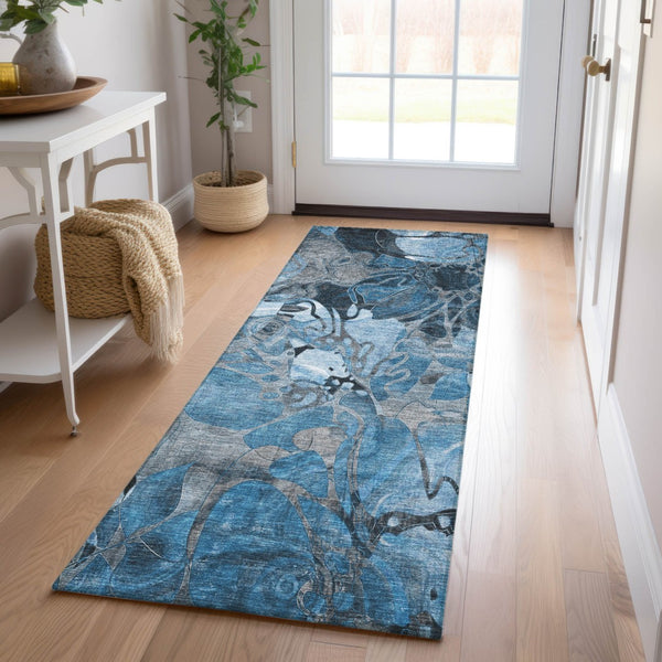 Homeroots 2' Abstract Washable Indoor Outdoor Runner Rug – Stylish Artistry For Your Living Space And More! Blue Polyester 563017