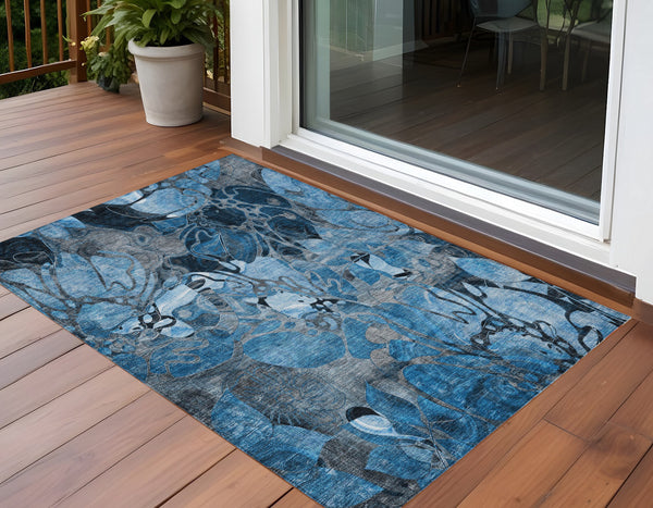 Homeroots 3' X 5' Blue And Gray Abstract Washable Indoor Outdoor Area Rug Blue Polyester 563019
