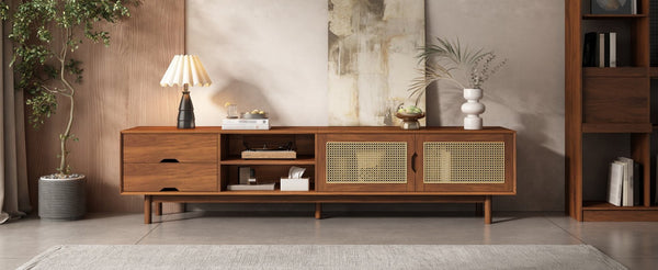 English Elm 78 Inch Rattan Media Console with Rubberwood Legs Walnut Finish Living Room Storage N710P407810P
