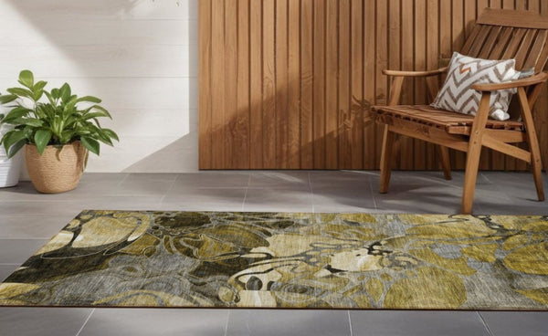 Homeroots 2' X 8' Green And Brown Abstract Washable Indoor Outdoor Runner Rug Brown Polyester 563026