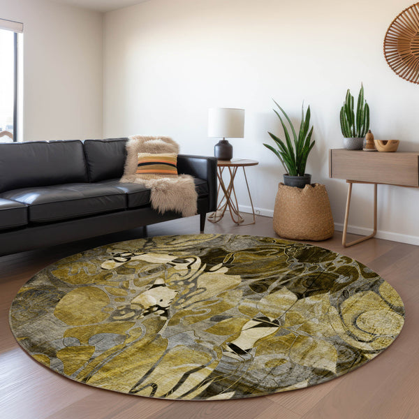 Homeroots 8' X 8' Green And Brown Round Abstract Washable Indoor Outdoor Area Rug Brown Polyester 563030
