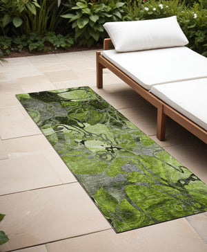 Homeroots 8' Runner Fern Green And Gray Floral Washable Non Skid Indoor Outdoor Runner Rug Fern Polyester 563035