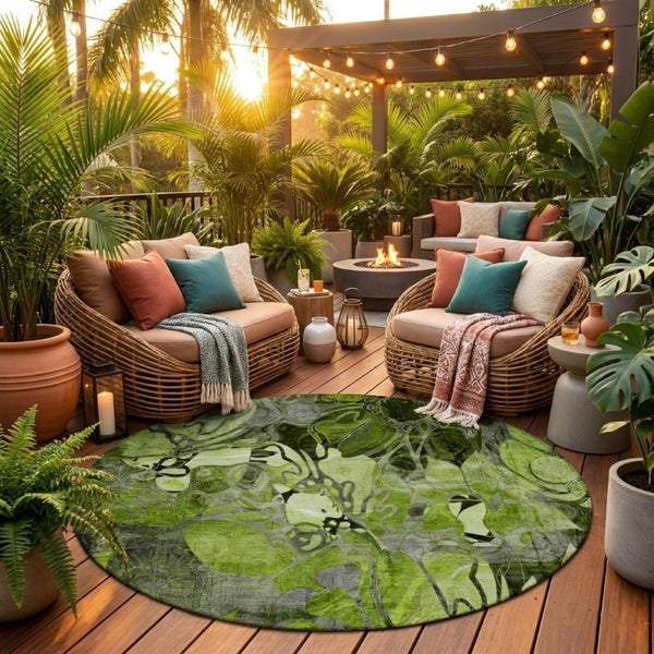 8 Ft Round Abstract Floral Area Rug Machine Washable Uv Resistant Indoor Outdoor