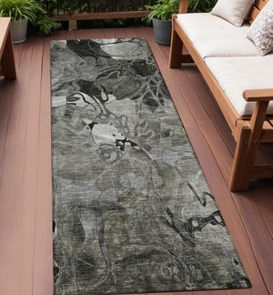 Homeroots 2' Abstract Washable Indoor Outdoor Runner Rug – Stylish Artistry For Your Living Space And More! Gray Polyester 563044