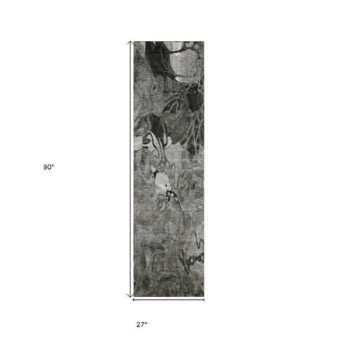 Homeroots 2' Abstract Washable Indoor Outdoor Runner Rug – Stylish Artistry For Your Living Space And More! Gray Polyester 563044