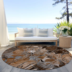 Homeroots 8' X 8' Chocolate Terracotta And Ivory Round Abstract Washable Indoor Outdoor Area Rug Paprika Polyester 563057