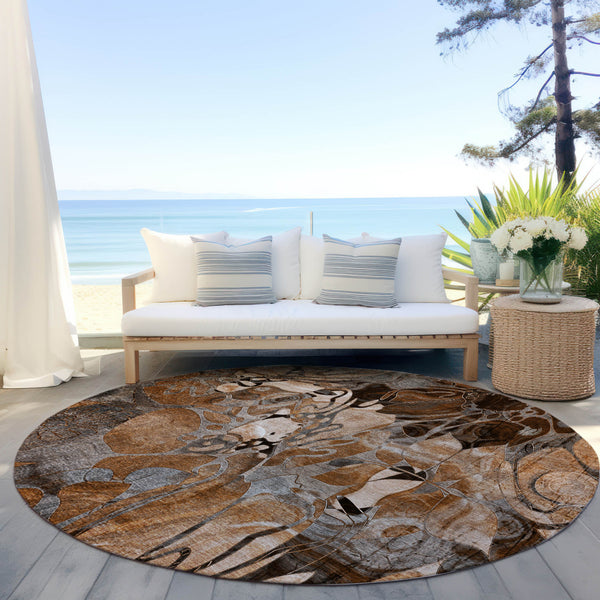 Homeroots 8' X 8' Chocolate Terracotta And Ivory Round Abstract Washable Indoor Outdoor Area Rug Paprika Polyester 563057
