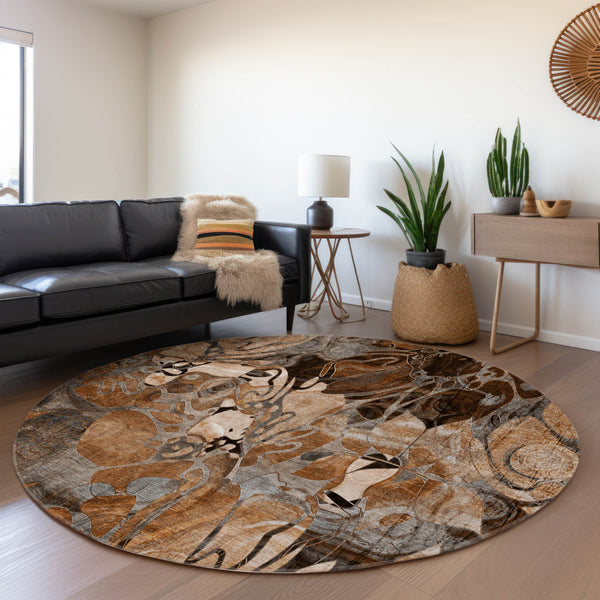 Homeroots 8' X 8' Chocolate Terracotta And Ivory Round Abstract Washable Indoor Outdoor Area Rug Paprika Polyester 563057