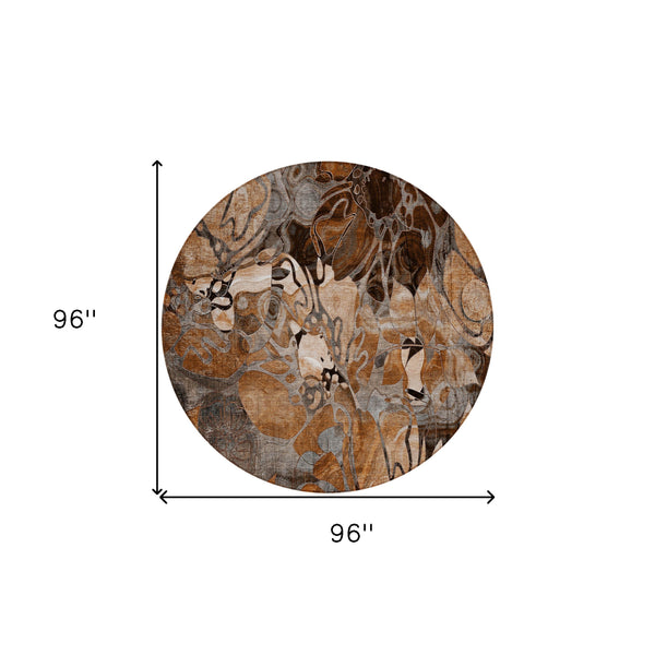 Homeroots 8' X 8' Chocolate Terracotta And Ivory Round Abstract Washable Indoor Outdoor Area Rug Paprika Polyester 563057