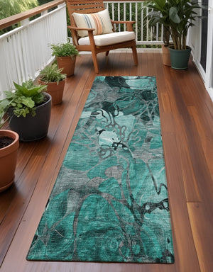 Homeroots 2' Abstract Washable Indoor Outdoor Runner Rug – Stylish Artistry For Your Living Space And More! Teal Polyester 563071