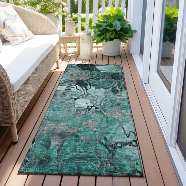 Homeroots 2' Abstract Washable Indoor Outdoor Runner Rug – Stylish Artistry For Your Living Space And More! Teal Polyester 563071