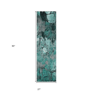 Homeroots 2' Abstract Washable Indoor Outdoor Runner Rug – Stylish Artistry For Your Living Space And More! Teal Polyester 563071