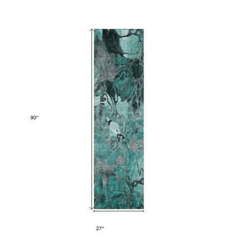 Homeroots 2' Abstract Washable Indoor Outdoor Runner Rug – Stylish Artistry For Your Living Space And More! Teal Polyester 563071