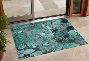 Homeroots 3' X 5' Teal Black And Gray Abstract Washable Indoor Outdoor Area Rug Teal Polyester 563073