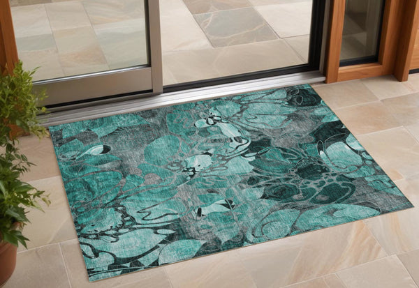 Homeroots 3' X 5' Teal Black And Gray Abstract Washable Indoor Outdoor Area Rug Teal Polyester 563073