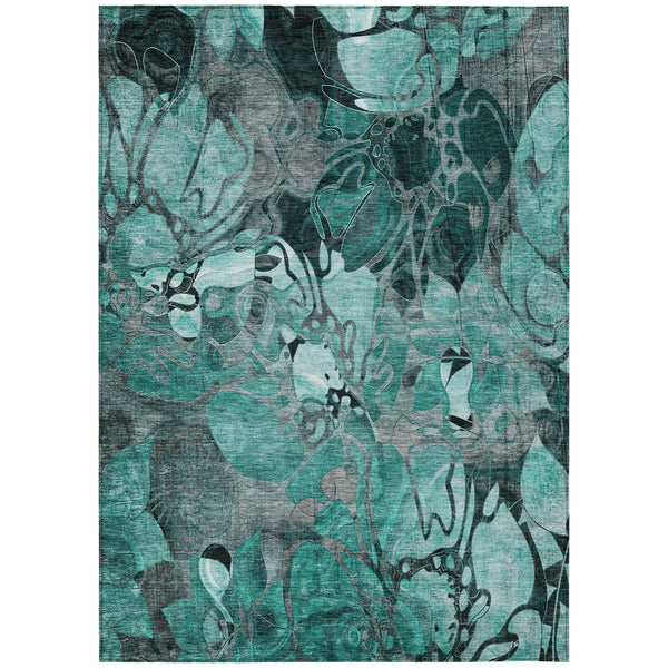 Homeroots 3' X 5' Teal Black And Gray Abstract Washable Indoor Outdoor Area Rug Teal Polyester 563073