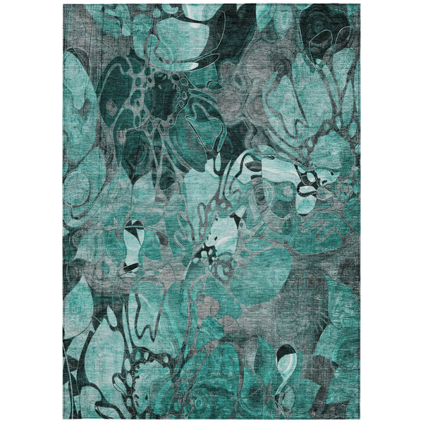 Homeroots 3' X 5' Teal Black And Gray Abstract Washable Indoor Outdoor Area Rug Teal Polyester 563073