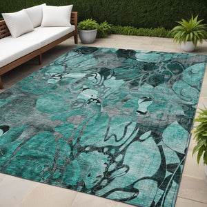Homeroots 5' X 8' Teal Black And Gray Abstract Washable Indoor Outdoor Area Rug Teal Polyester 563074