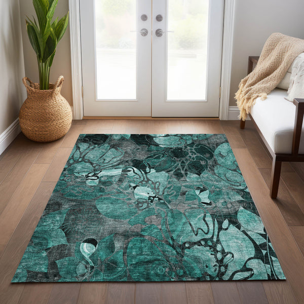 Homeroots 5' X 8' Teal Black And Gray Abstract Washable Indoor Outdoor Area Rug Teal Polyester 563074