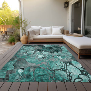 Homeroots 5' X 8' Teal Black And Gray Abstract Washable Indoor Outdoor Area Rug Teal Polyester 563074