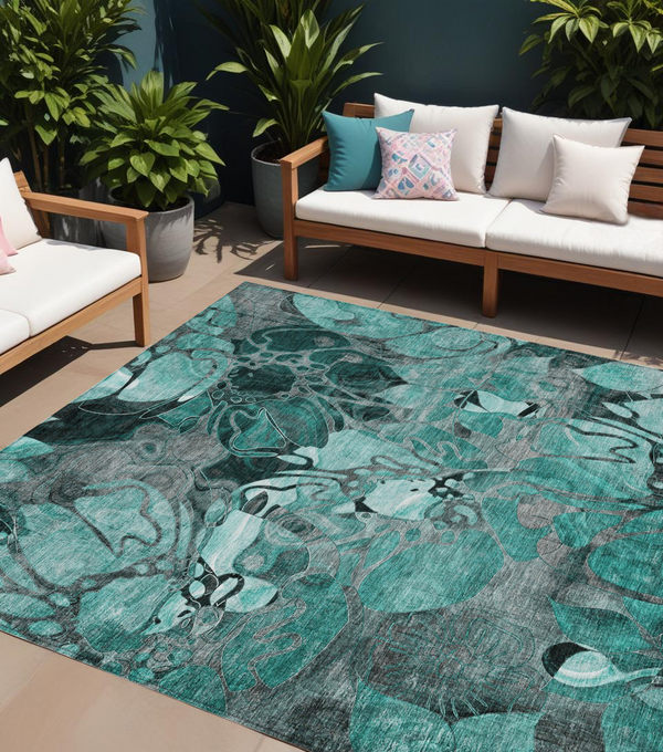 Homeroots 8' X 10' Teal Black And Gray Abstract Washable Indoor Outdoor Area Rug Teal Polyester 563076