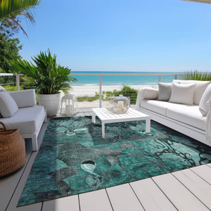 Homeroots 8' X 10' Teal Black And Gray Abstract Washable Indoor Outdoor Area Rug Teal Polyester 563076