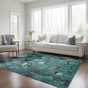 Homeroots 8' X 10' Teal Black And Gray Abstract Washable Indoor Outdoor Area Rug Teal Polyester 563076