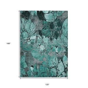 Homeroots 10' X 14' Teal Black And Gray Floral Washable Non Skid Indoor Outdoor Area Rug Teal Polyester 563078