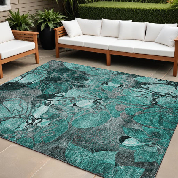 Homeroots 10' X 14' Teal Black And Gray Floral Washable Non Skid Indoor Outdoor Area Rug Teal Polyester 563078