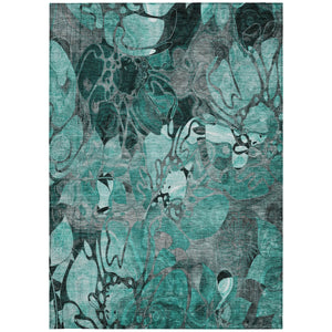 Homeroots 10' X 14' Teal Black And Gray Floral Washable Non Skid Indoor Outdoor Area Rug Teal Polyester 563078