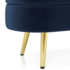 English Elm Ottoman Oval Flannel Storage Bench with Matte Metal Legs for Bedroom or Living Room Dark Blue W487P438630