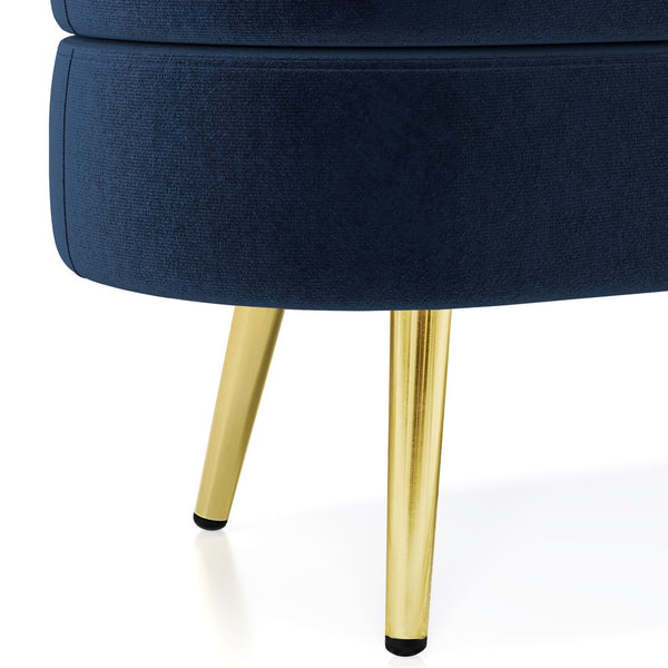 English Elm Ottoman Oval Flannel Storage Bench with Matte Metal Legs for Bedroom or Living Room Dark Blue W487P438630