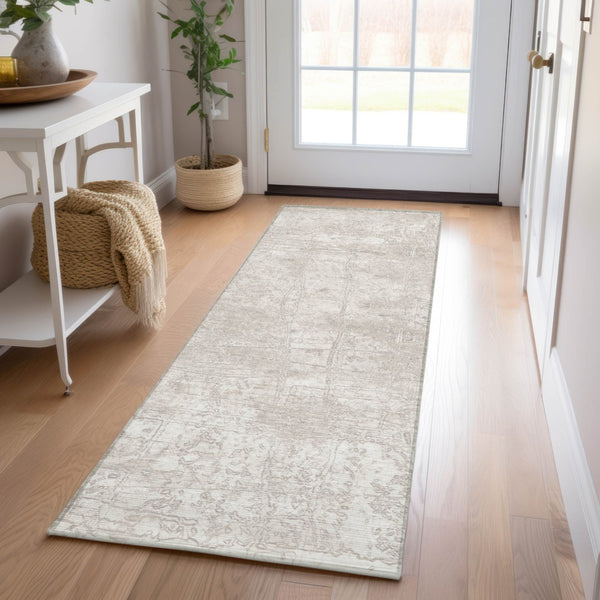Homeroots 8' Runner Stylish Tan Abstract Washable Non-skid Indoor Outdoor Rug For Kids And Pets’ Safety Ivory Polyester 563116