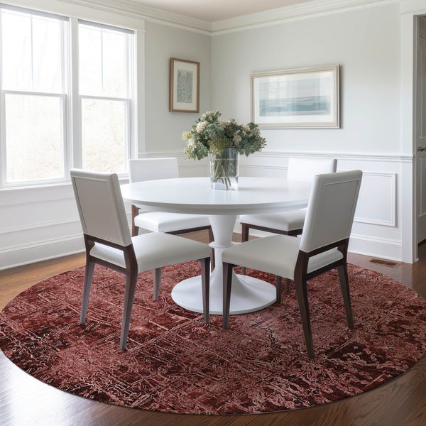 Homeroots 8' Round Merlot Round Abstract Washable Non Skid Indoor Outdoor Area Rug Merlot Polyester 563129