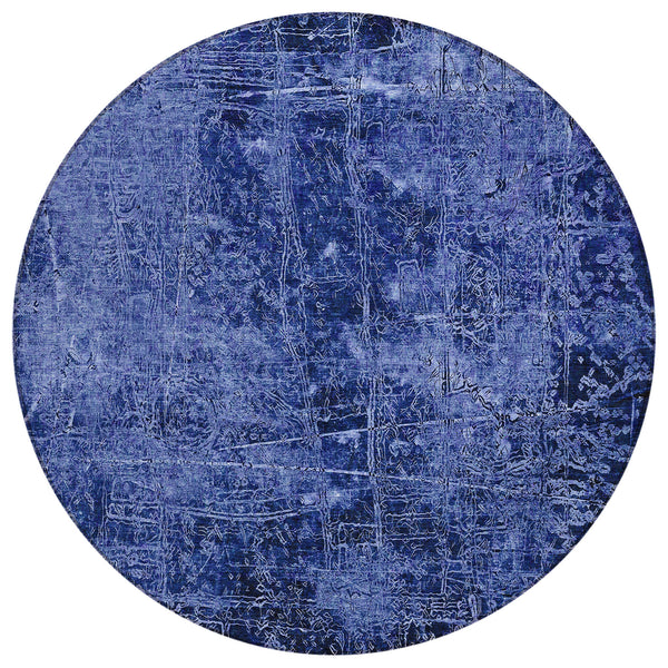 Homeroots 8' Round Navy Blue Round Abstract Washable Non Skid Indoor Outdoor Area Rug Navy Polyester 563138