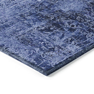 Homeroots 8' Round Navy Blue Round Abstract Washable Non Skid Indoor Outdoor Area Rug Navy Polyester 563138