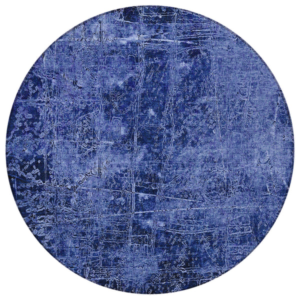 Homeroots 8' Round Navy Blue Round Abstract Washable Non Skid Indoor Outdoor Area Rug Navy Polyester 563138