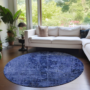 Homeroots 8' Round Navy Blue Round Abstract Washable Non Skid Indoor Outdoor Area Rug Navy Polyester 563138