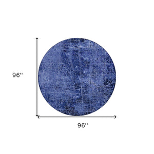 Homeroots 8' Round Navy Blue Round Abstract Washable Non Skid Indoor Outdoor Area Rug Navy Polyester 563138